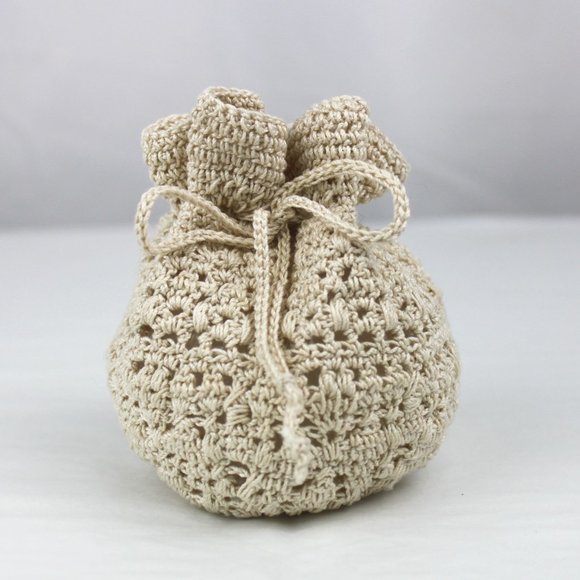 Cream Crocheted Bulb Drawstring Pouch Bag - Picture 1 of 8